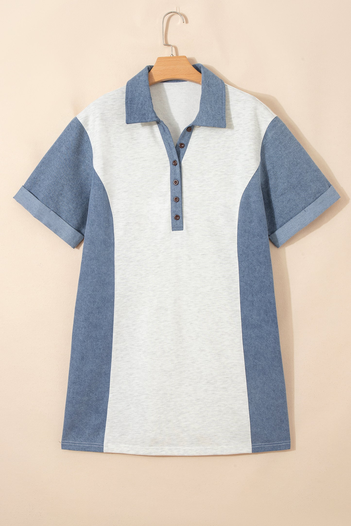 Light Grey Denim Color Block Patchwork Button Polo Collar T Shirt Tunic Dress - Cowaa