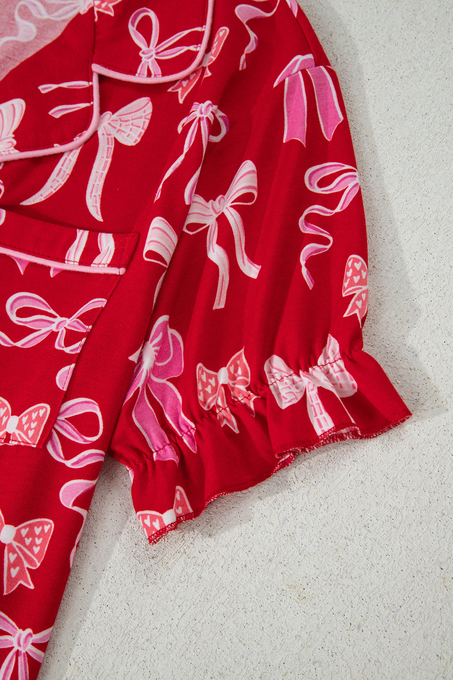 Red Sweet Bow Print Ruffled Short Sleeve Shirt Shorts 2pcs Pajama Set - Cowaa