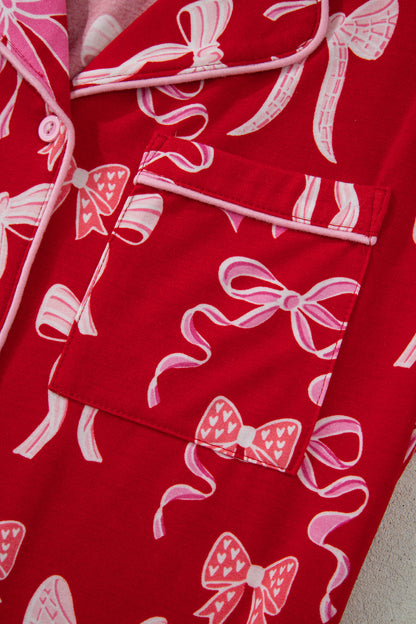 Red Sweet Bow Print Ruffled Short Sleeve Shirt Shorts 2pcs Pajama Set - Cowaa