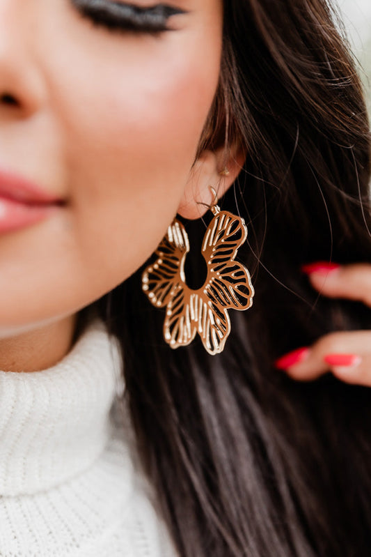 Gold Hollowed Flower Pendant Earrings - Cowaa