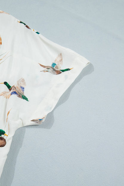 White Mallard Printed Button Flap Pocket Short Sleeve Shirt