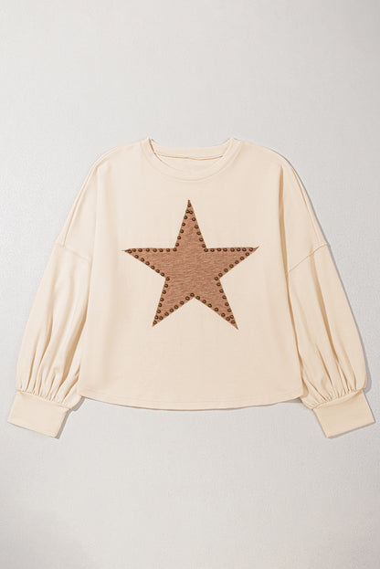 Beige Star Shape Studded Crew Neck Plus Size T Shirt - Cowaa
