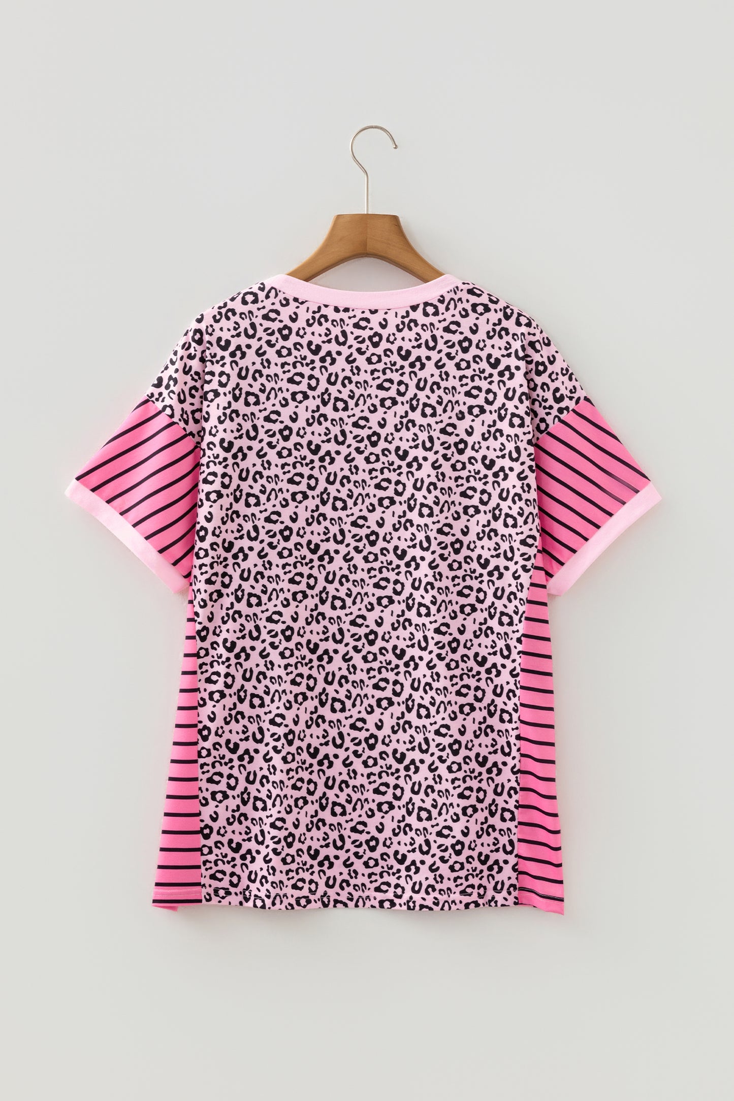 Pink Leopard Striped Patchwork Side Slit Loose Short Sleeve Top - Cowaa