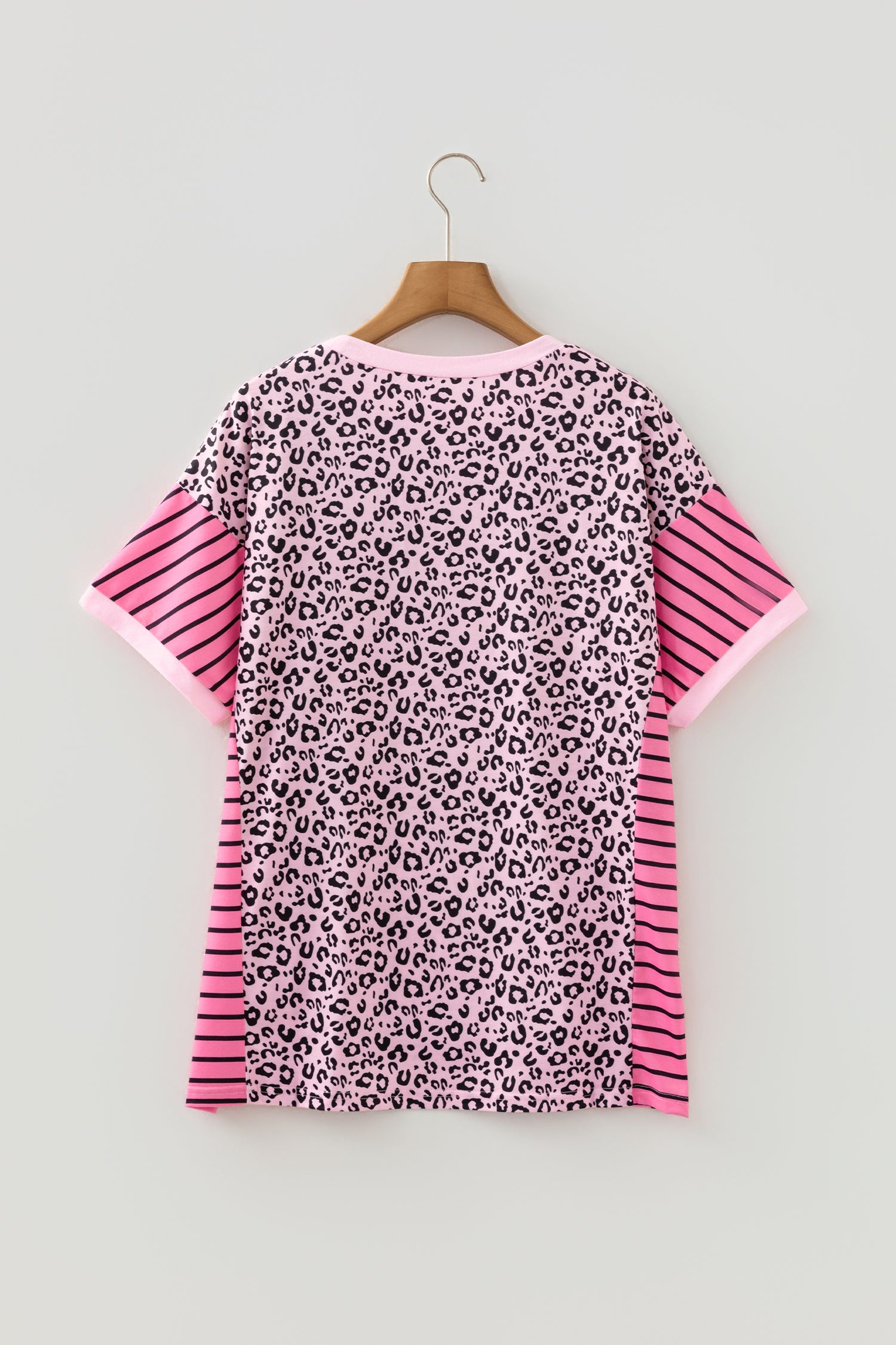 Pink Leopard Striped Patchwork Side Slit Loose Short Sleeve Top - Cowaa