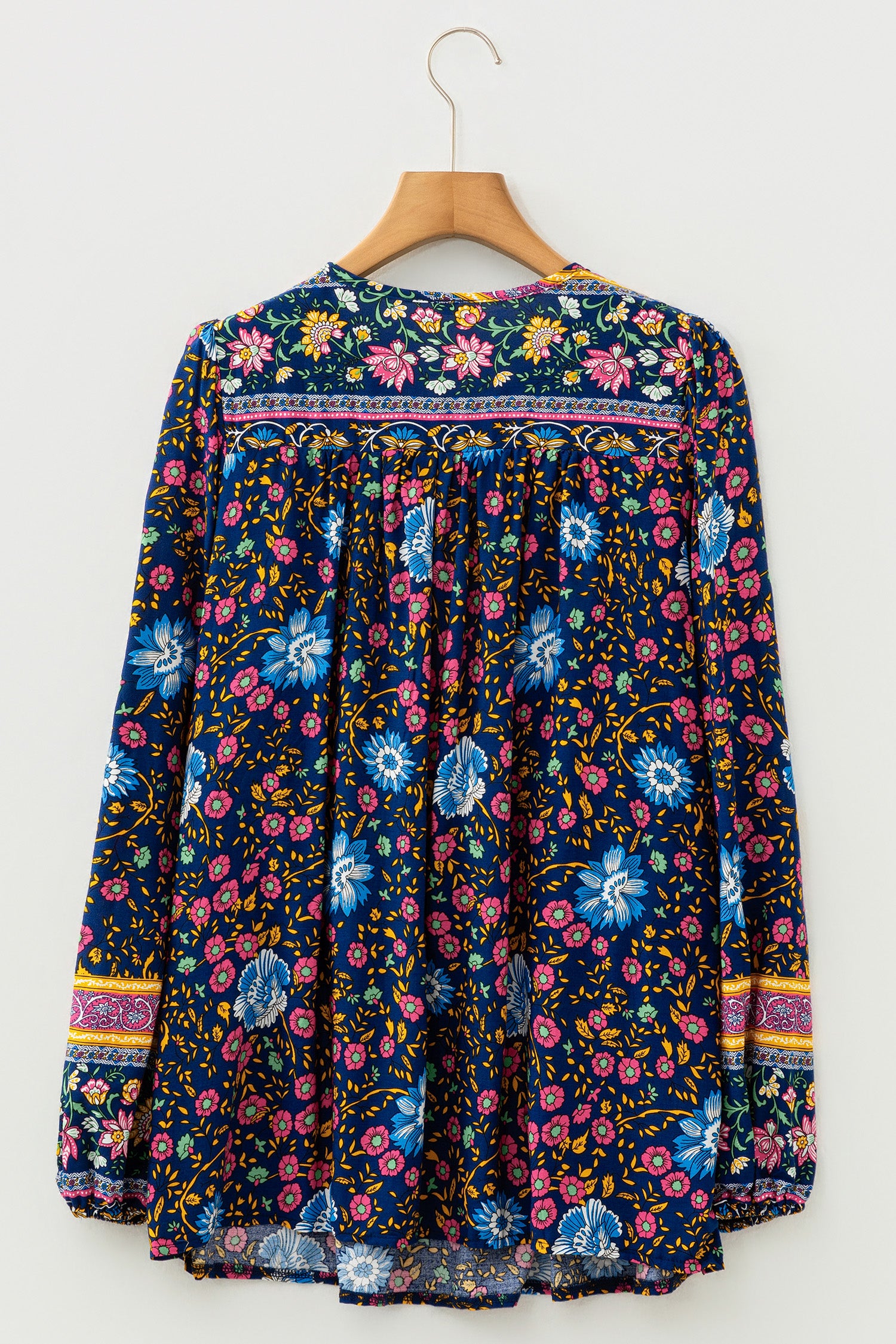 Blue Bohemian Floral Print Tassel Tie Front Long Sleeve Blouse - Cowaa