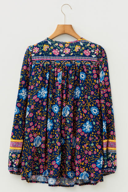 Blue Bohemian Floral Print Tassel Tie Front Long Sleeve Blouse - Cowaa