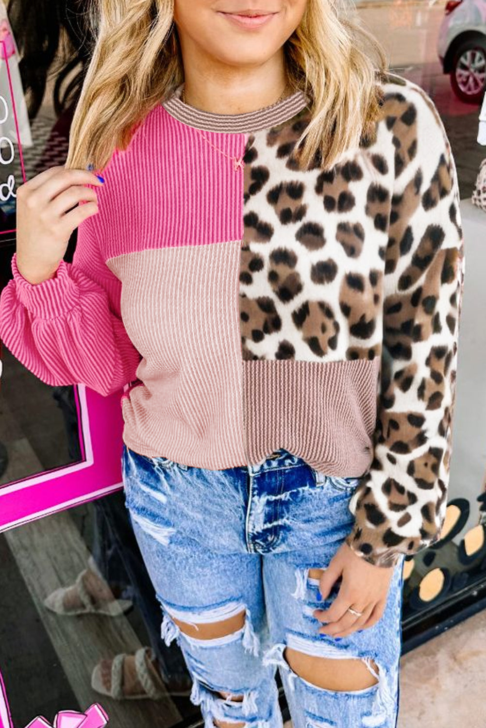 Rose Red Plus Size Twisted Ribbed Color Block Leopard Patchwork Long Sleeve Top