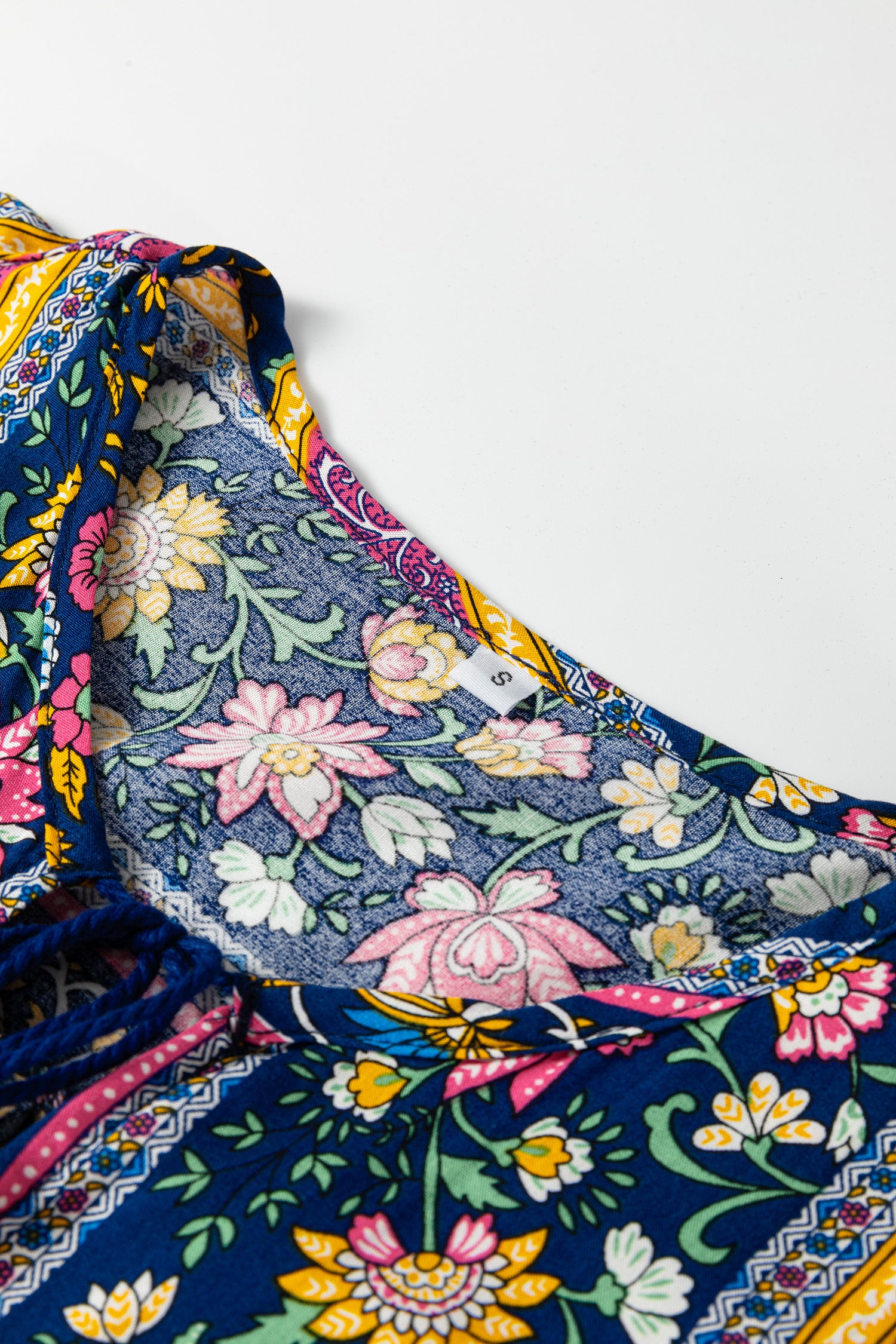 Blue Bohemian Floral Print Tassel Tie Front Long Sleeve Blouse - Cowaa