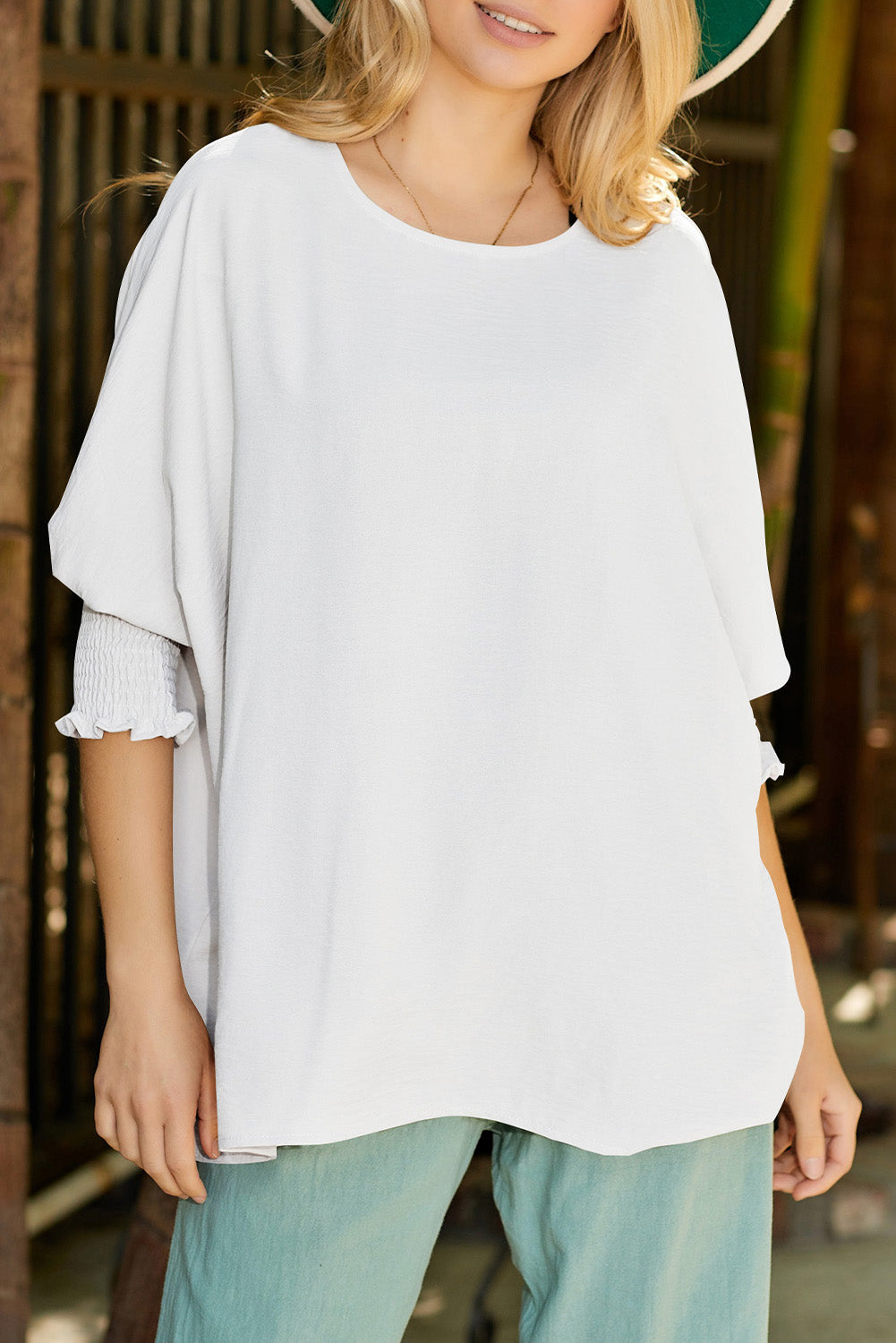 Apricot Solid Casual Smocked Cuffs Batwing Sleeve Blouse - Cowaa