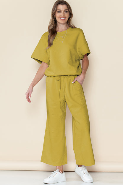 Navy Blue Textured Loose Fit T Shirt and Drawstring Pants Set - Cowaa