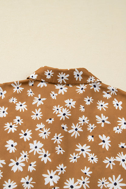 Khaki Plus Size Daisy Floral Print Button Split Neck Puff Sleeve Dress