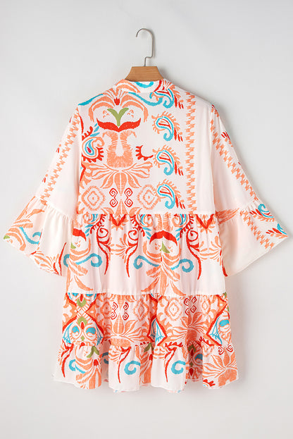White Ethnic Print Boho Button Tiered Mini Dress - Cowaa
