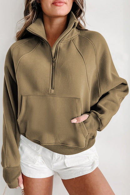 Brown Zip Up Stand Collar Thumbhole Sleeve Sweatshirt - Cowaa