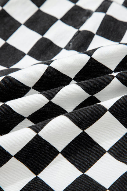 Black Checkered Print Overlap Denim Shorts - Cowaa