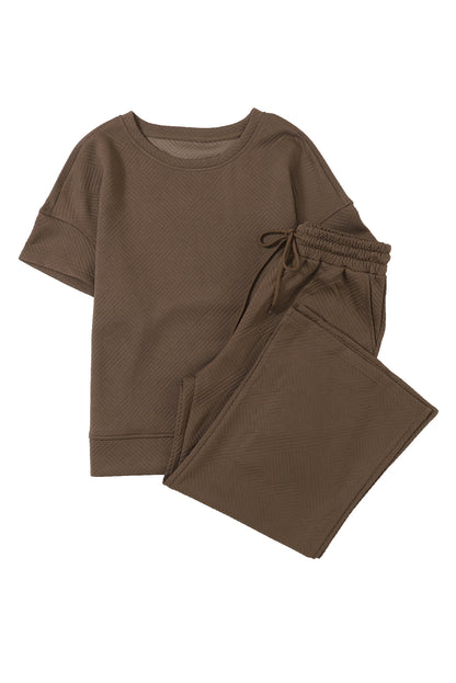 Navy Blue Textured Loose Fit T Shirt and Drawstring Pants Set - Cowaa