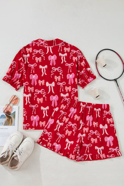 Red Sweet Bow Print Ruffled Short Sleeve Shirt Shorts 2pcs Pajama Set - Cowaa