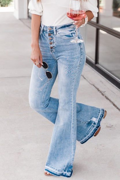 Blue Light Wash High Waisted Bell Bottom Jeans - Cowaa