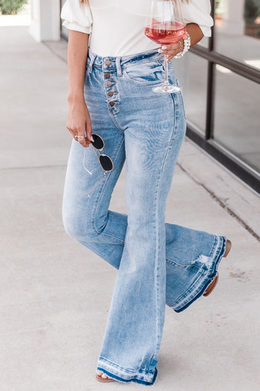 Blue Light Wash High Waisted Bell Bottom Jeans - Cowaa