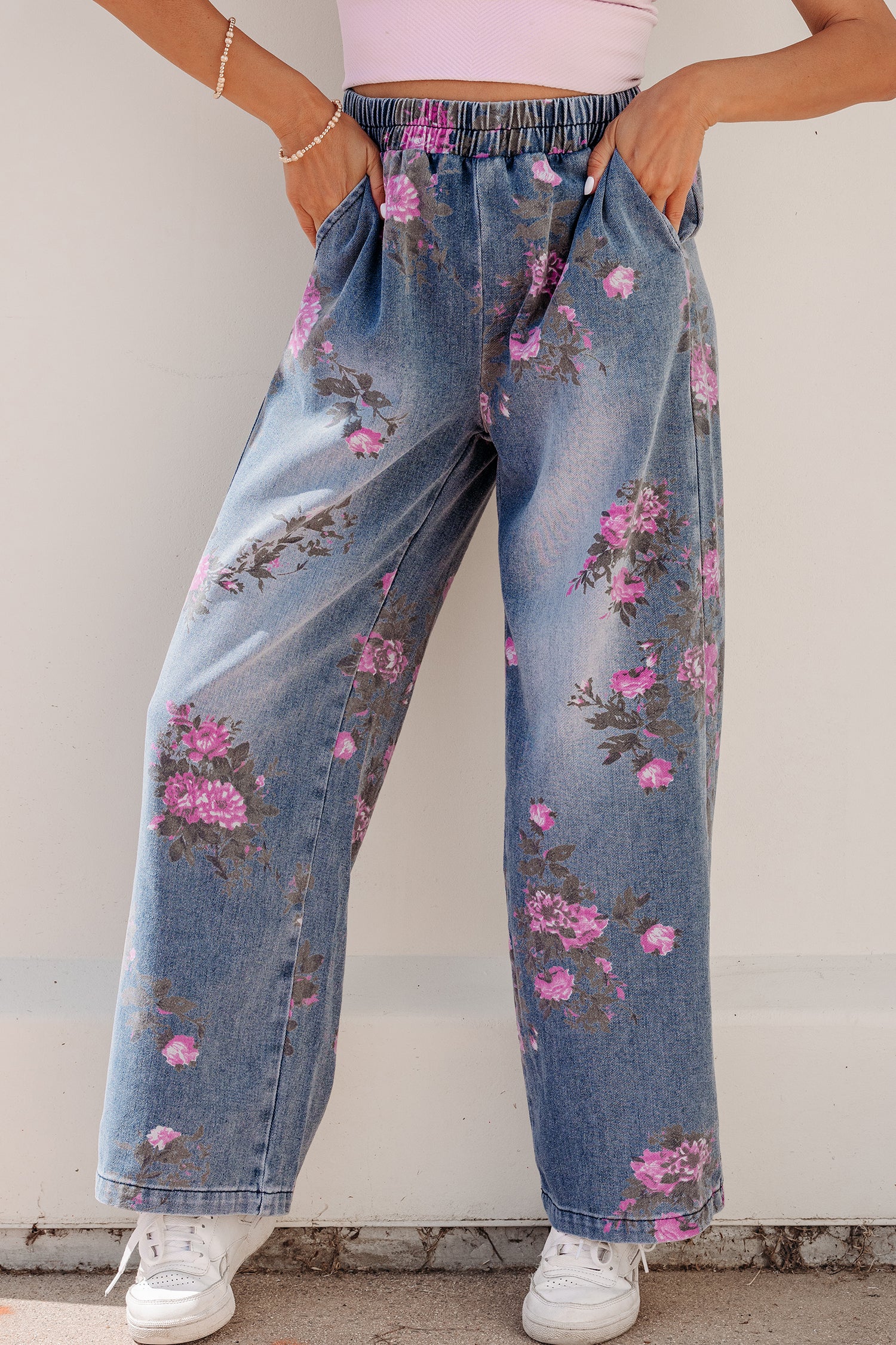 Beau Blue Floral Print Elastic Waist Pull On Casual Jeans - Cowaa