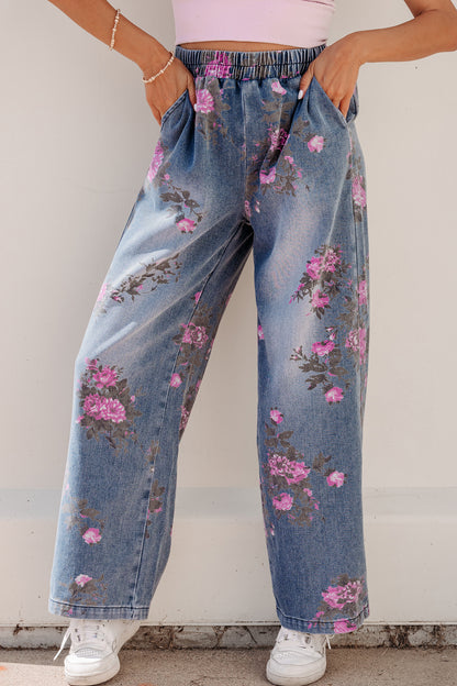 Beau Blue Floral Print Elastic Waist Pull On Casual Jeans - Cowaa