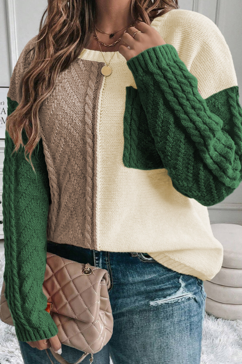 Mist Green Plus Size Cable Knit Color Block Drop Shoulder Sweater - Cowaa