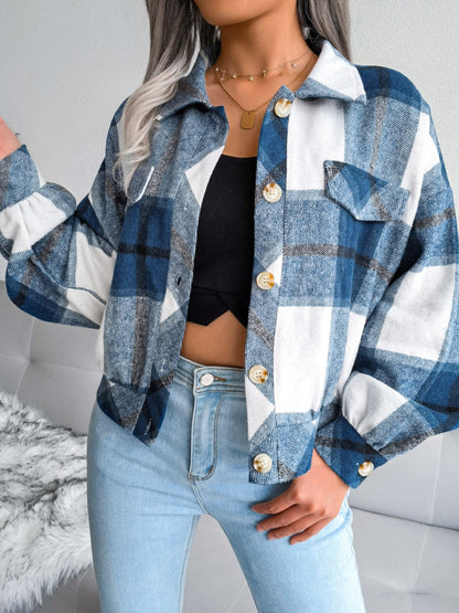 Plaid Collared Neck Long Sleeve Jacket - Cowaa