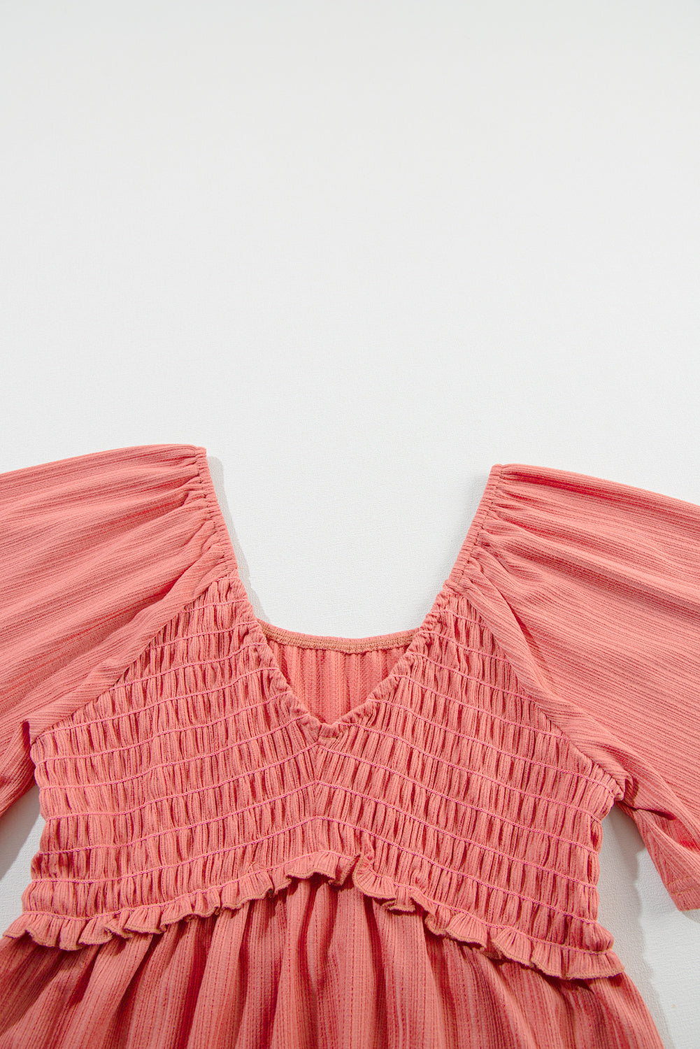 Oatmeal Shirred V Neck Short Flutter Sleeve Textured Blouse - Cowaa