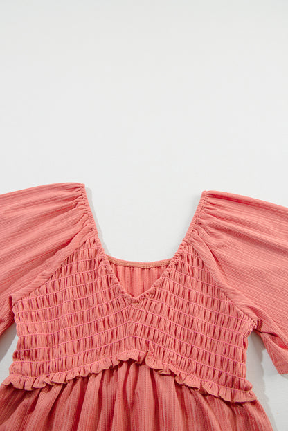 Oatmeal Shirred V Neck Short Flutter Sleeve Textured Blouse - Cowaa