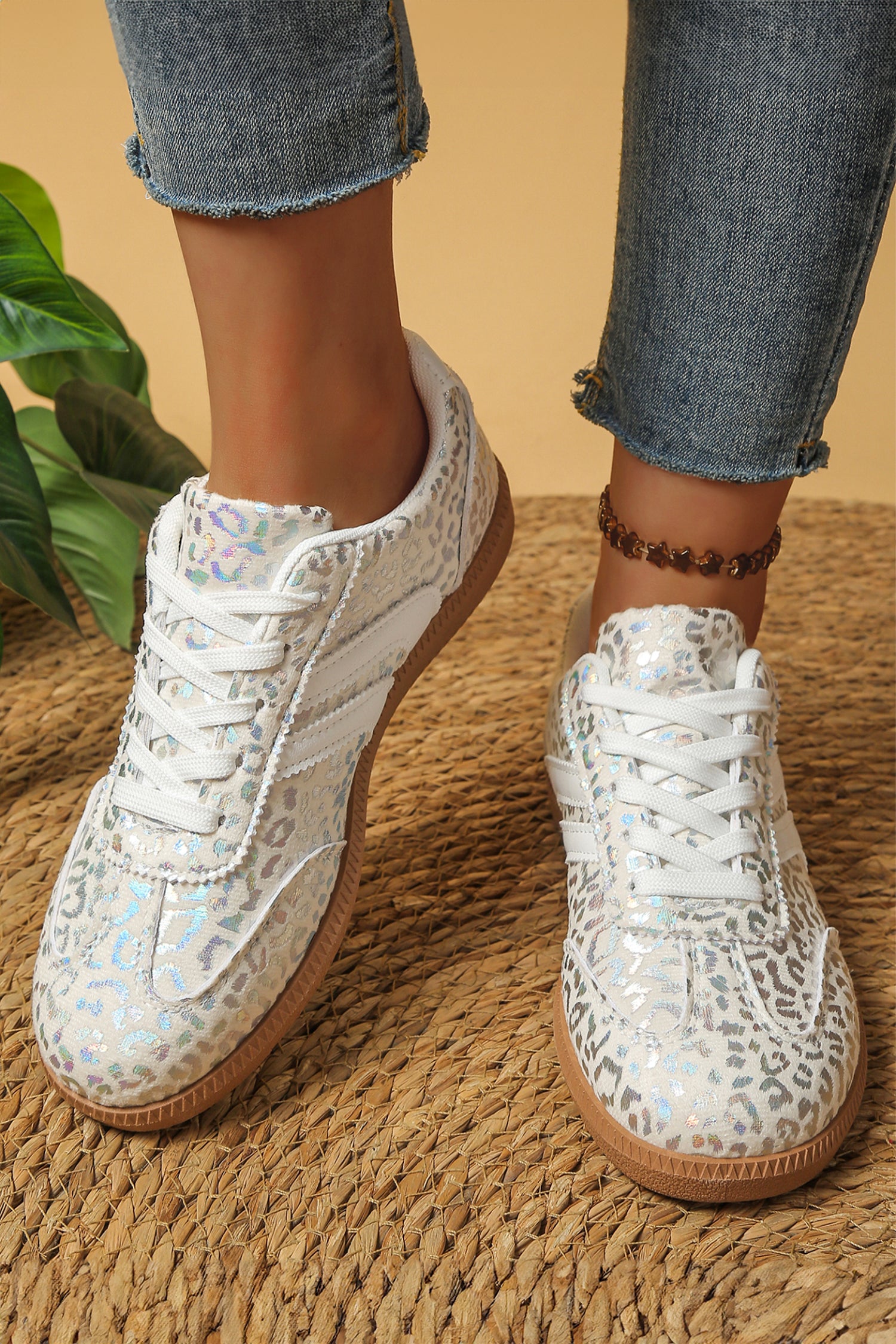 White PU Leather Detail Shimmer Leopard Printed Lace-up Sneakers - Cowaa