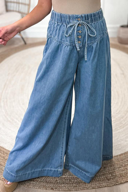Dusk Blue Mineral Wash Button High Waist Wide Leg Jeans - Cowaa