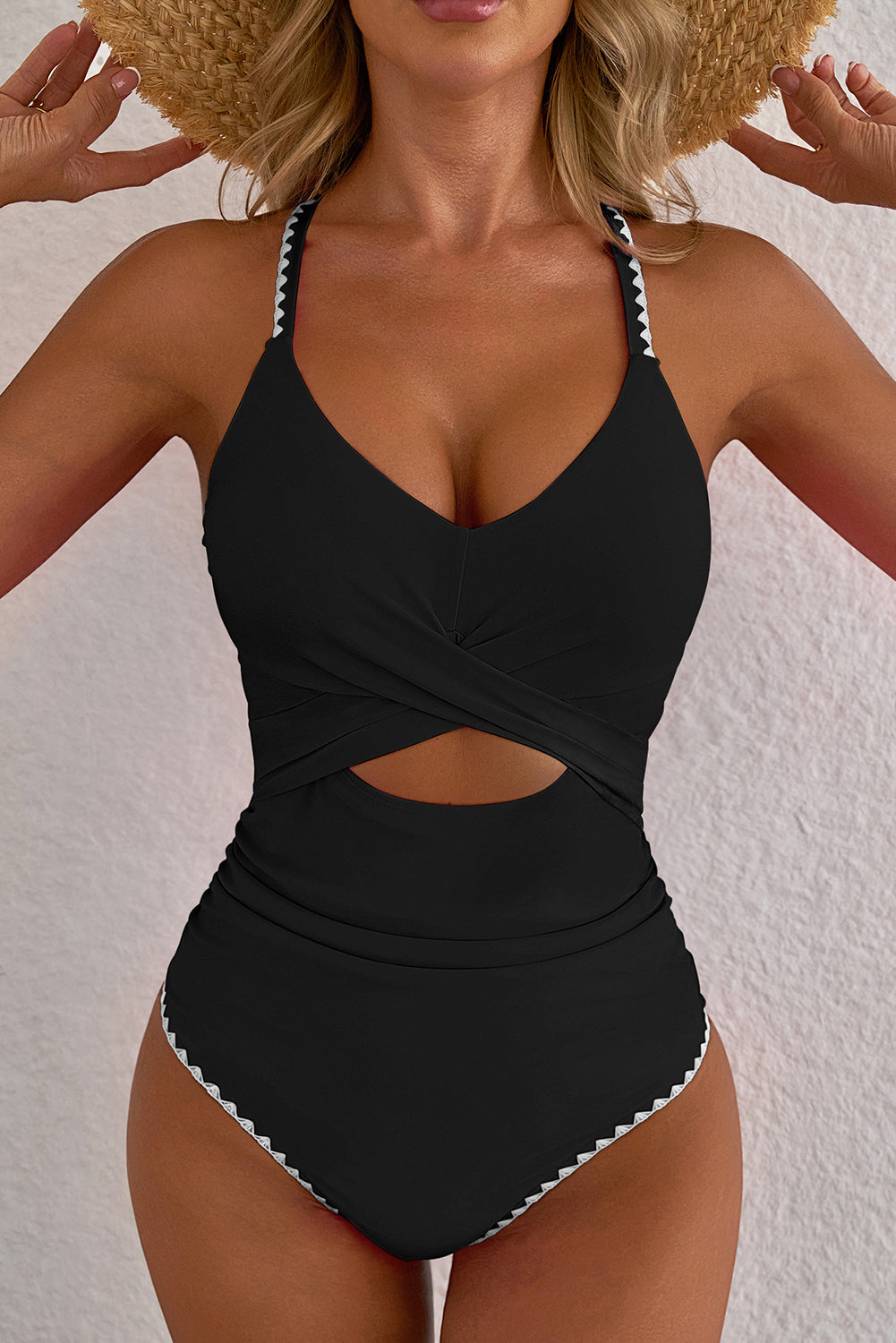 Black Ric Rac Trim Contrasted Patchwork Cutout One Piece Swimsuit - Cowaa
