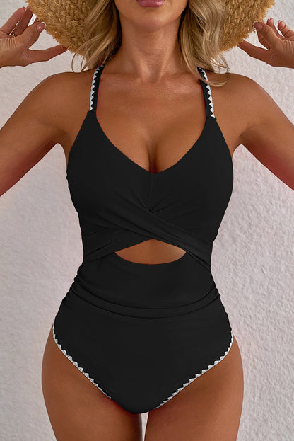 Black Ric Rac Trim Contrasted Patchwork Cutout One Piece Swimsuit - Cowaa