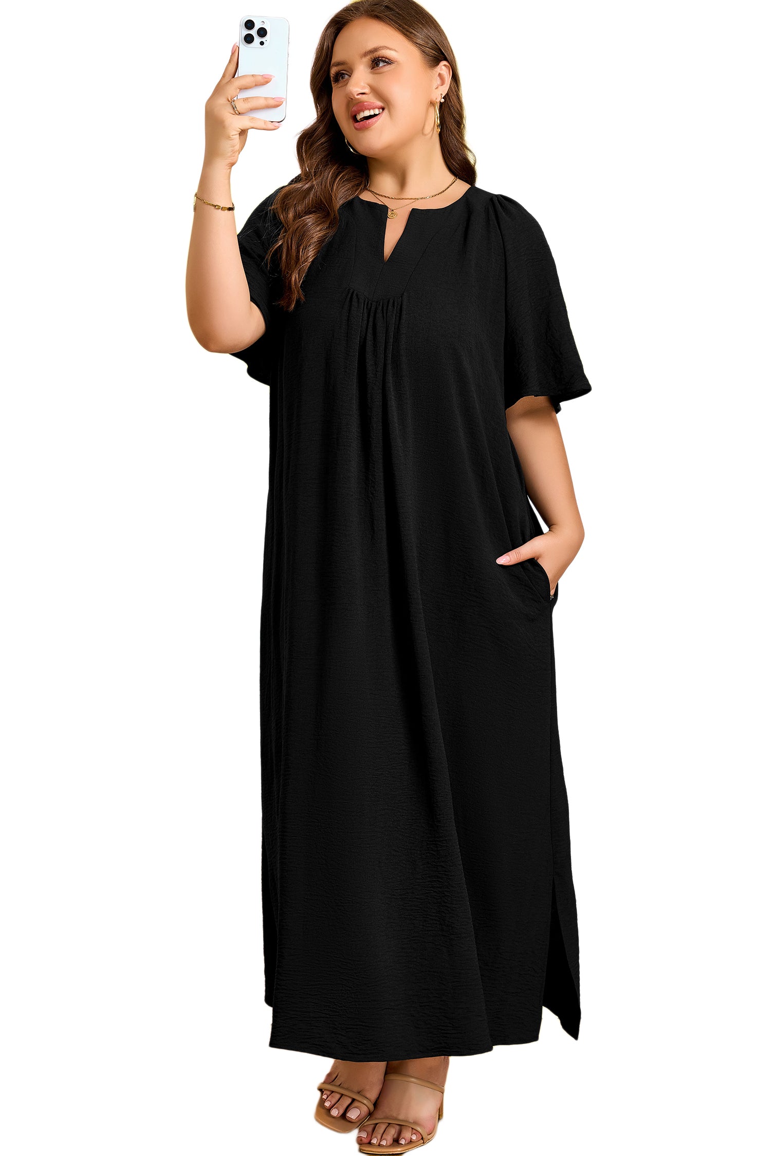 Black Plus Size Solid Color Notched Neck Short Sleeve Loose Dress - Cowaa