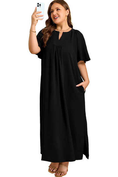 Black Plus Size Solid Color Notched Neck Short Sleeve Loose Dress - Cowaa