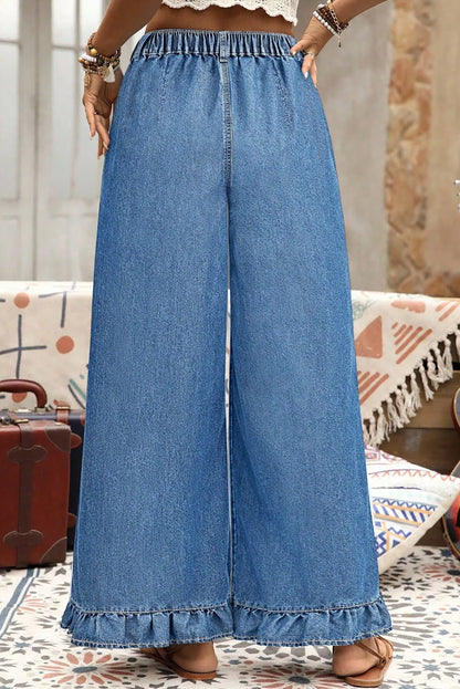 Ashleigh Blue Plus Size Elastic Waist Ruffled Wide Leg Denim Pants