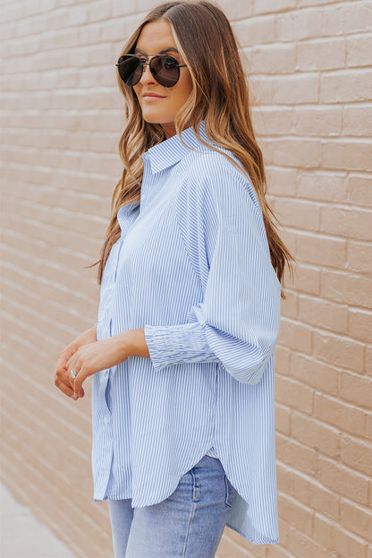 Black Striped Casual Shirred Cuffs Shirt - Cowaa