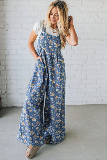Blue Vintage Rose Printed Pleated Loose Denim Overall Jumpsuit