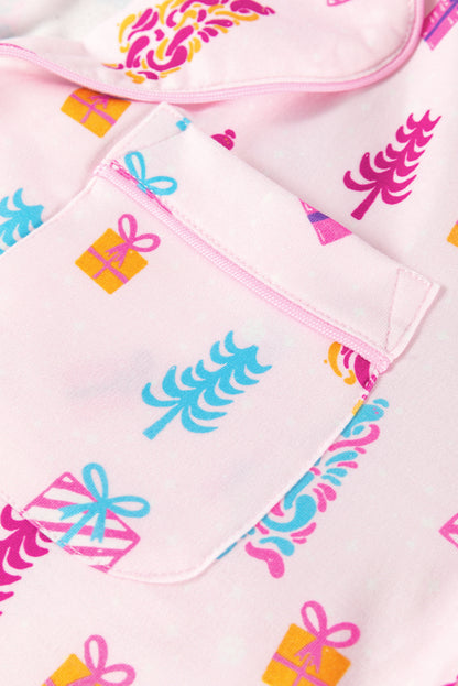 Pink Christmas Twinkle Tree Print Casual Shirt Sleep Dress