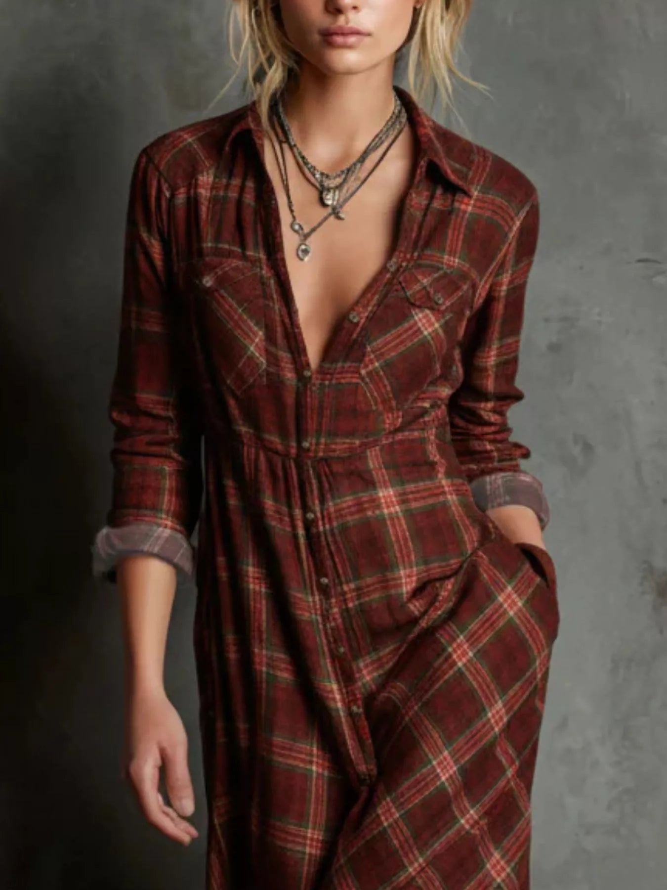 Full Size Plaid Button-Down Maxi Dress Plus Size.