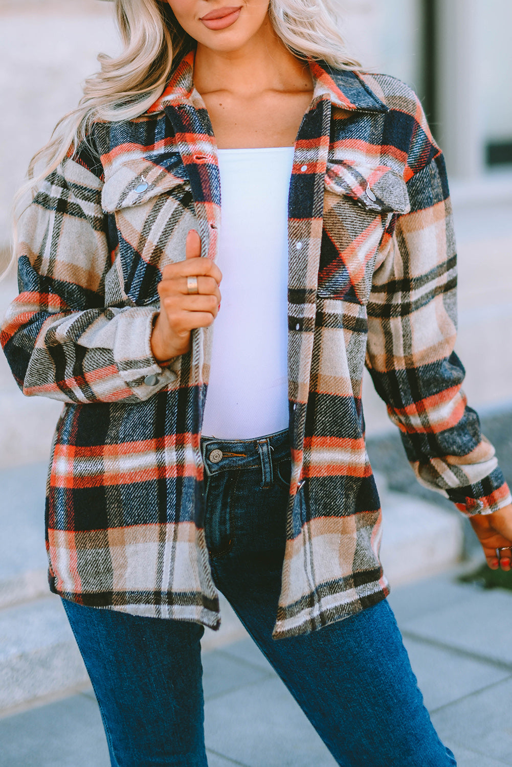 Plaid Button Front Pocket Shirt Shacket - Cowaa