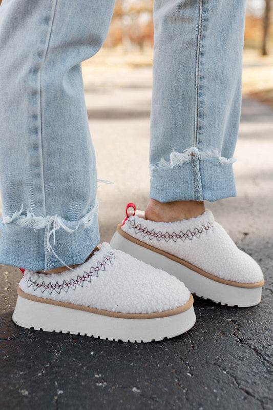 White Suede Contrast Print Plush Platform Snow Boots - Cowaa