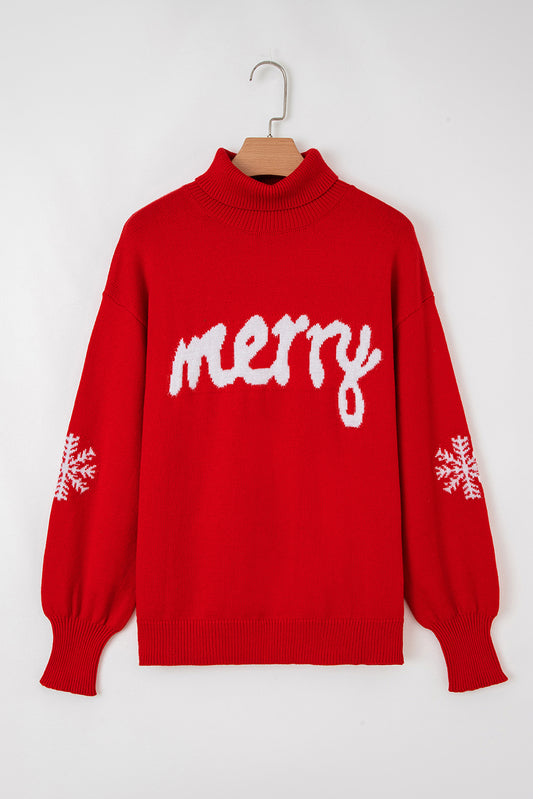 Fiery Red Merry Snowflake Pattern Christmas Turtleneck Sweater - Cowaa