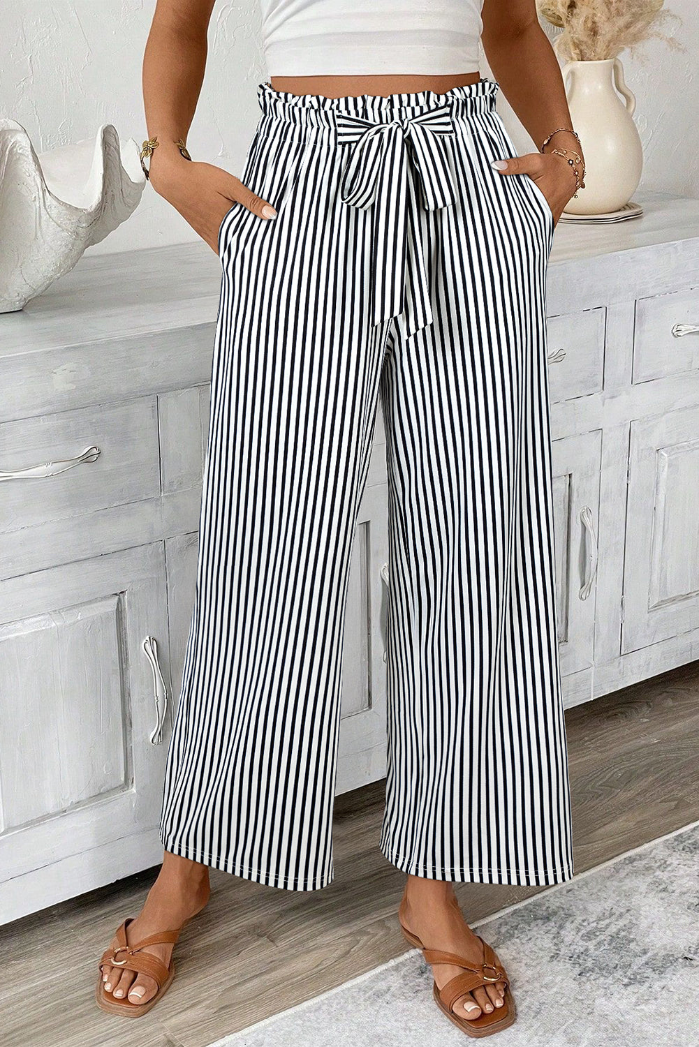 Black Stripe Tied High Waist Loose Straight Casual Pants - Cowaa