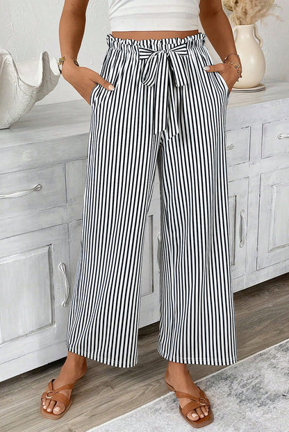 Black Stripe Tied High Waist Loose Straight Casual Pants - Cowaa