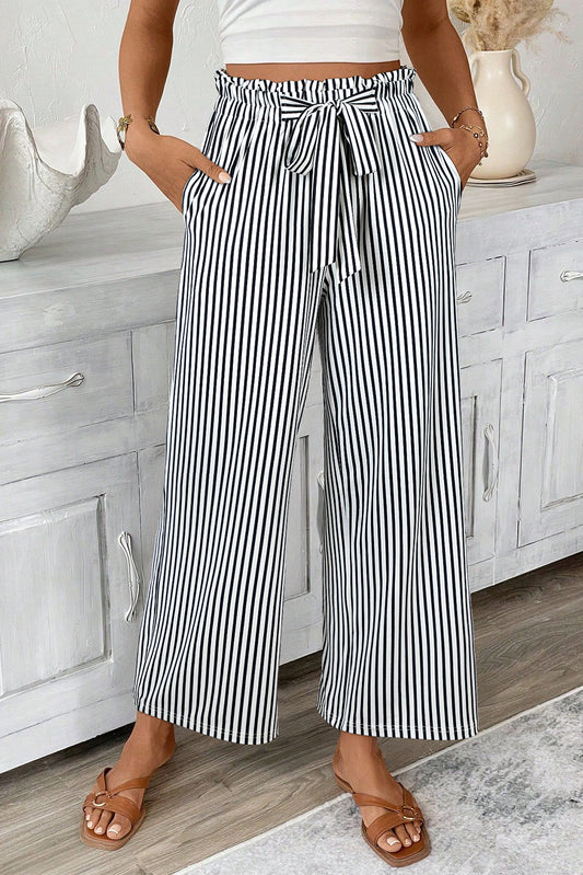 Black Stripe Tied High Waist Loose Straight Casual Pants - Cowaa