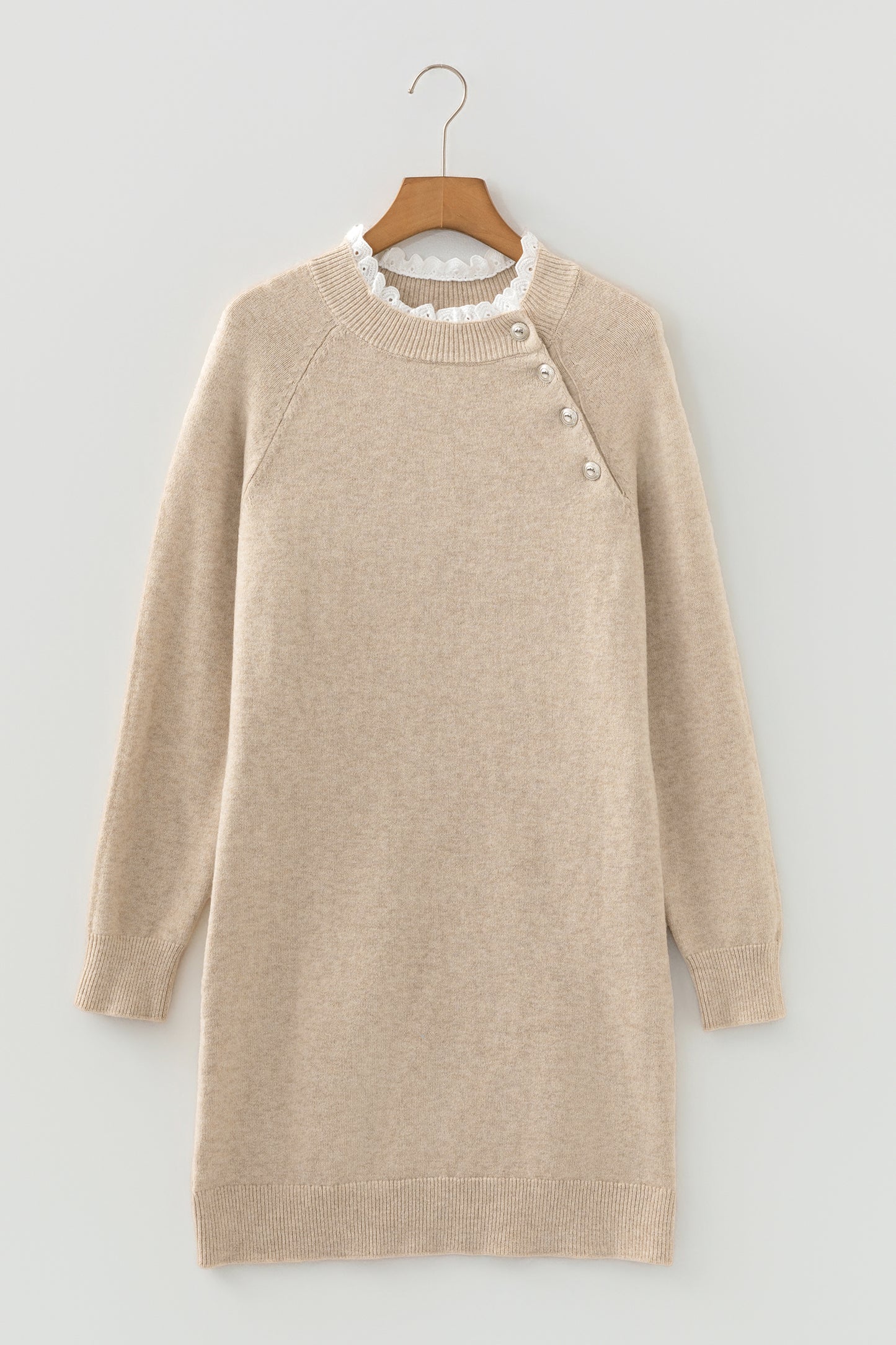 Parchment Button Lace Detail Raglan Sleeve Shift Mini Sweater Dress - Cowaa
