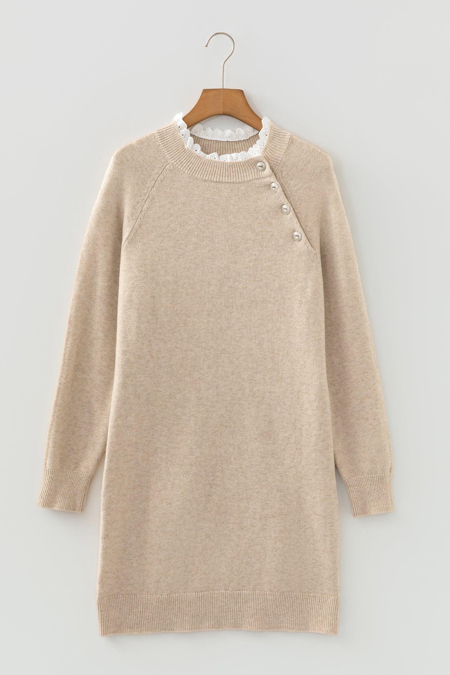 Parchment Button Lace Detail Raglan Sleeve Shift Mini Sweater Dress - Cowaa