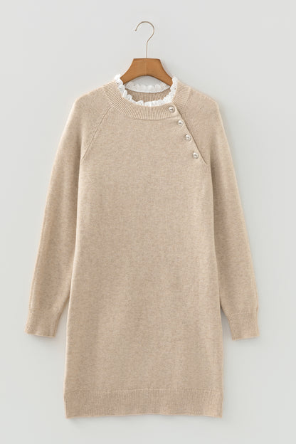Parchment Button Lace Detail Raglan Sleeve Shift Mini Sweater Dress - Cowaa