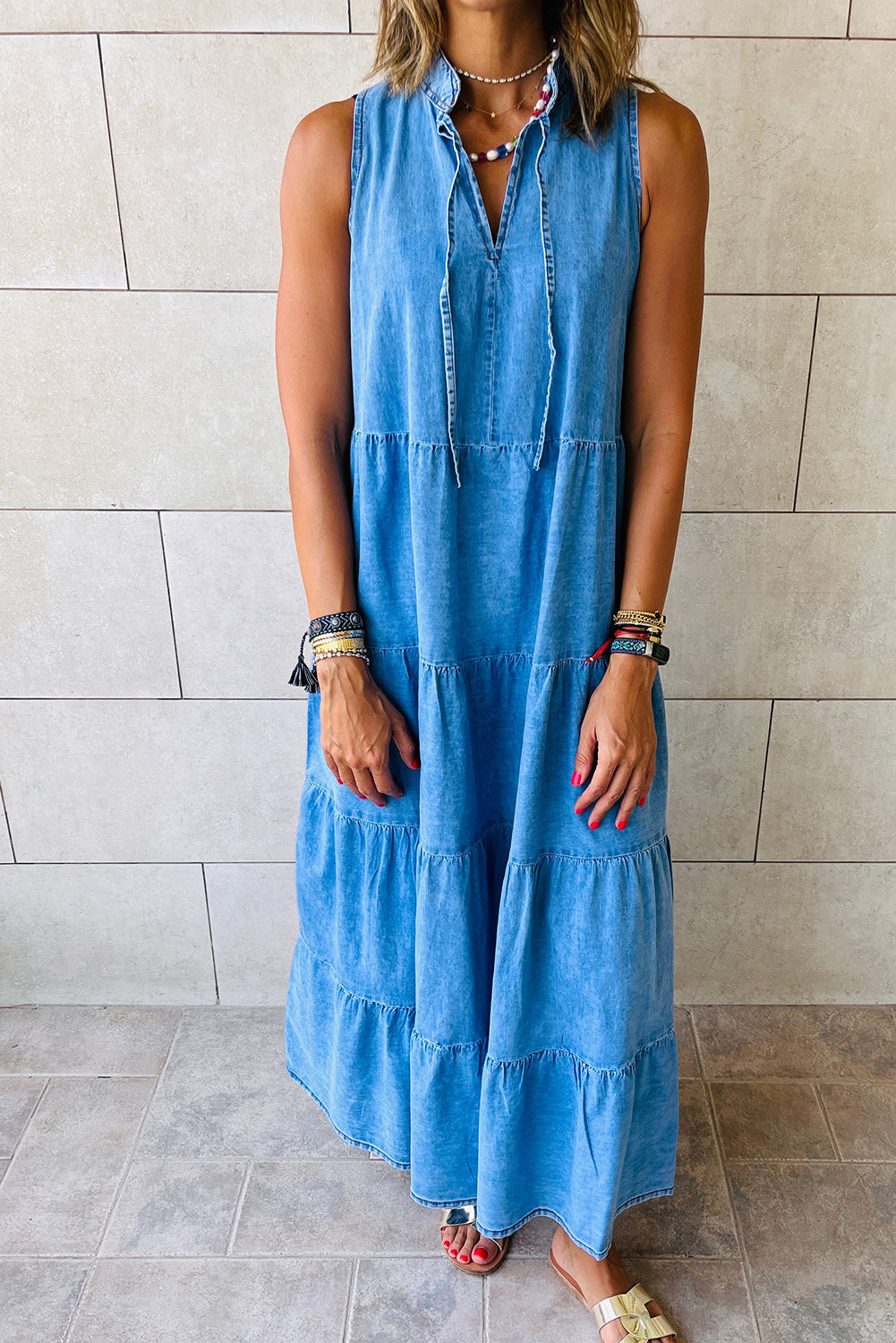 Real Teal Sleeveless Tiered Chambray Maxi Dress - Cowaa