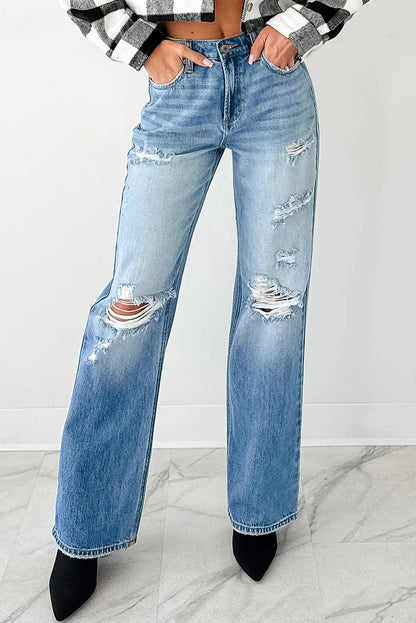 Myosotis Mid Rise Distressed Straight Leg Jeans